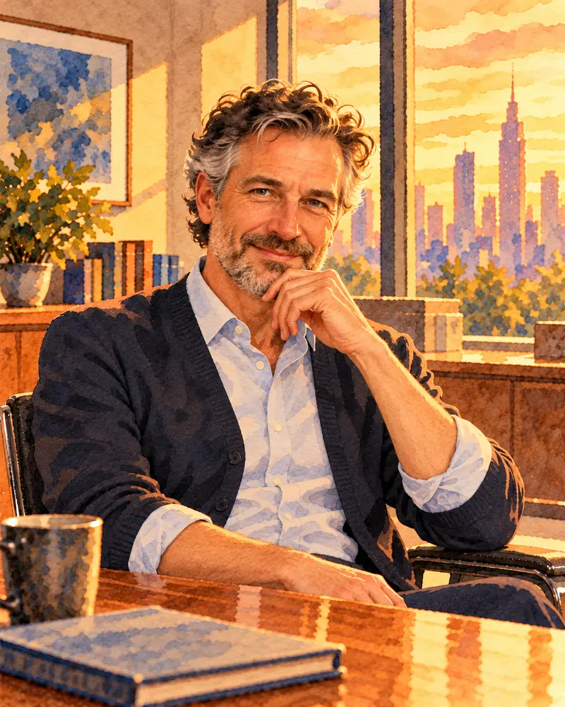 Watercolour illustration: a manager with curly greying hair and a beard, in a navy cardigan over an open-necked shirt, seated with his chin resting on his hand and a knowing smile, a city skyline at sunset behind him.