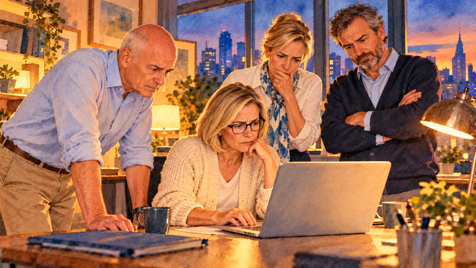 Watercolour of four managers in business casual crowded round a laptop in an office after dark, lamplight inside and the city skyline turning blue outside. They lean in, concerned and sceptical: one frowns with her chin in her hand, another covers her mouth, a bearded man folds his arms, a bald man leans on the desk.