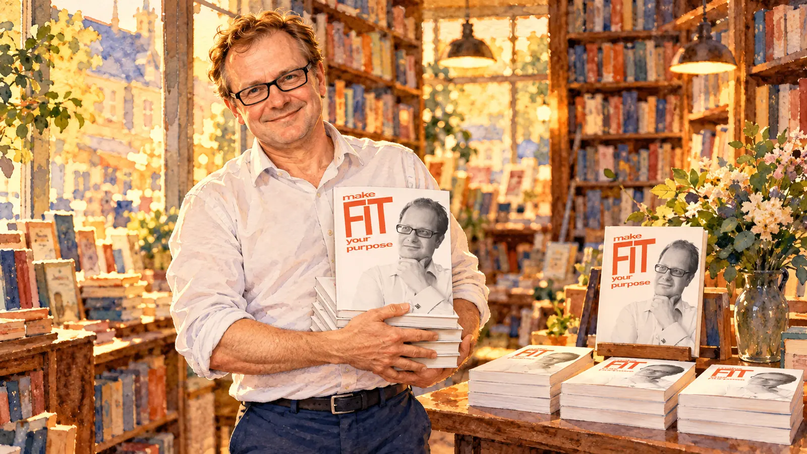 Watercolour of Isard Haasakker smiling in a warm independent bookshop, holding a stack of copies of his book Make F.I.T. Your Purpose, the cover showing the orange title and a black-and-white photo of his younger self. More copies stand on a display table beside him, among shelves full of books.