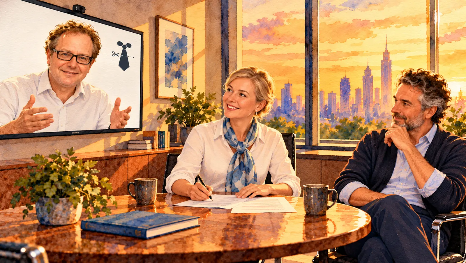 Watercolour of a video call in a small meeting room: Isard Haasakker appears on a wall screen, explaining with open hands, while a woman in a blue-and-white scarf signs a short document at a round table and a bearded colleague in a navy cardigan listens, a city skyline at golden hour in the window.