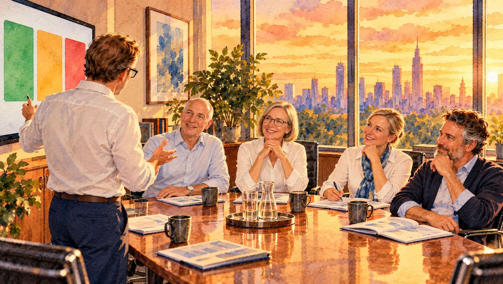 Watercolour of Isard Haasakker presenting to four managers in business casual around a boardroom table, beside a screen showing three blocks in green, amber and red. A thin printed report lies in front of each manager; a city skyline at golden hour in the window.