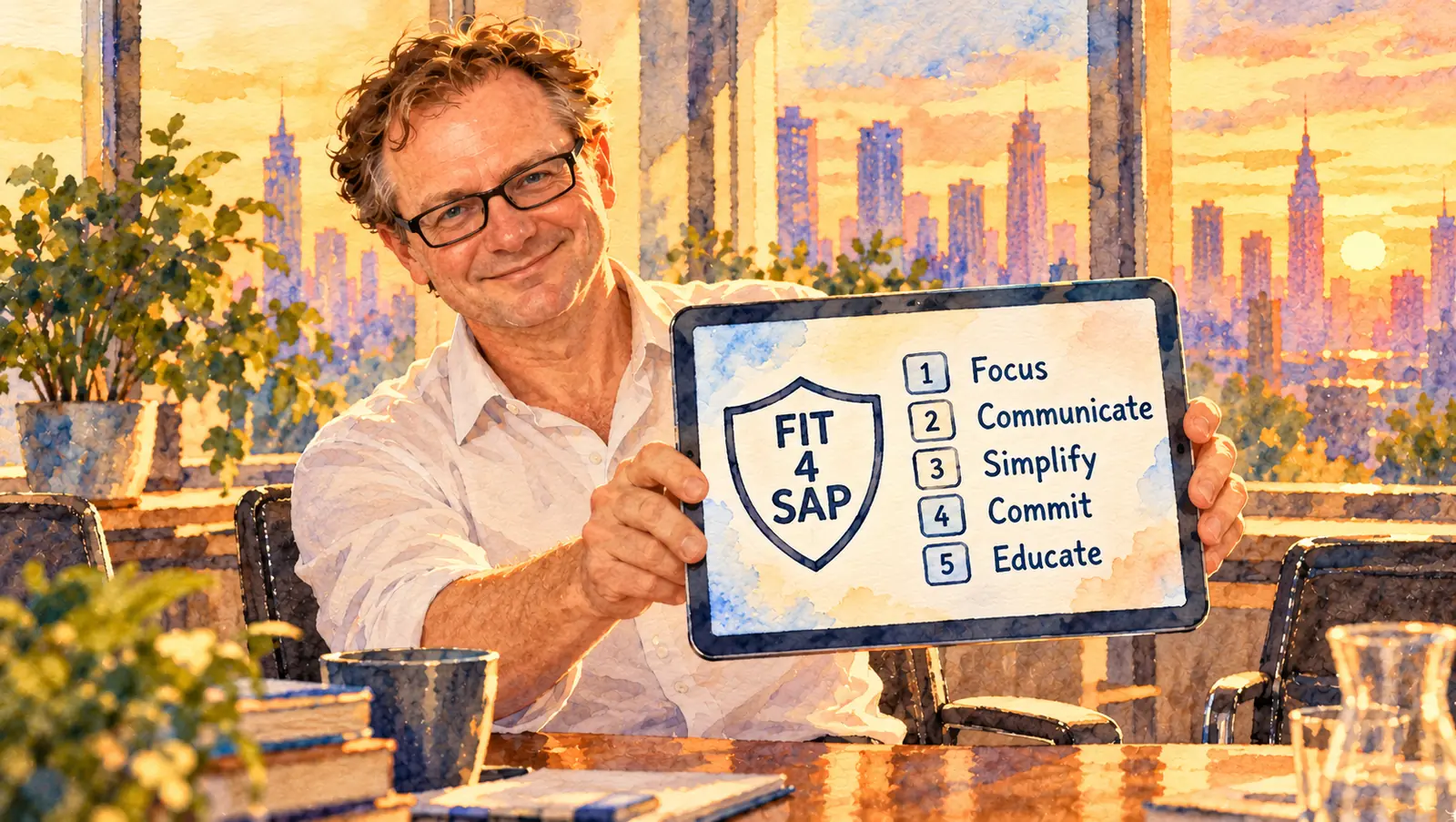 Watercolour of Isard Haasakker smiling in a meeting room, holding a tablet out towards the viewer. The screen shows the FIT 4 SAP shield and the five F.I.T. principles: 1 Focus, 2 Communicate, 3 Simplify, 4 Commit, 5 Educate. A city skyline at golden hour in the window.