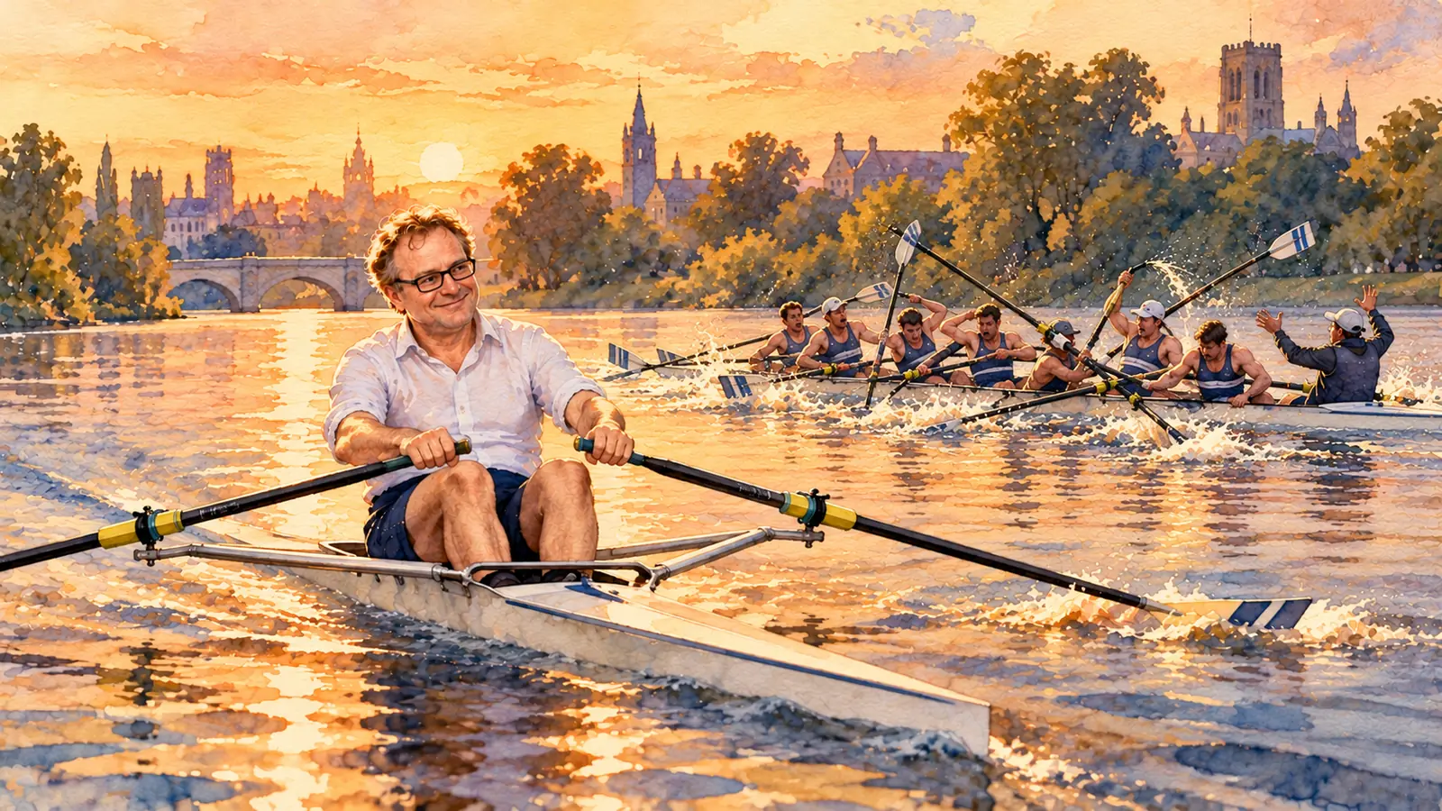 Watercolour of Isard Haasakker rowing a single scull calmly down a river at golden hour, smiling, with a clean wake behind him. Behind him a rowing eight in matching kit has lost all rhythm, oars clashing and water splashing, its cox throwing up his hands. Old spires and a stone bridge in the distance.