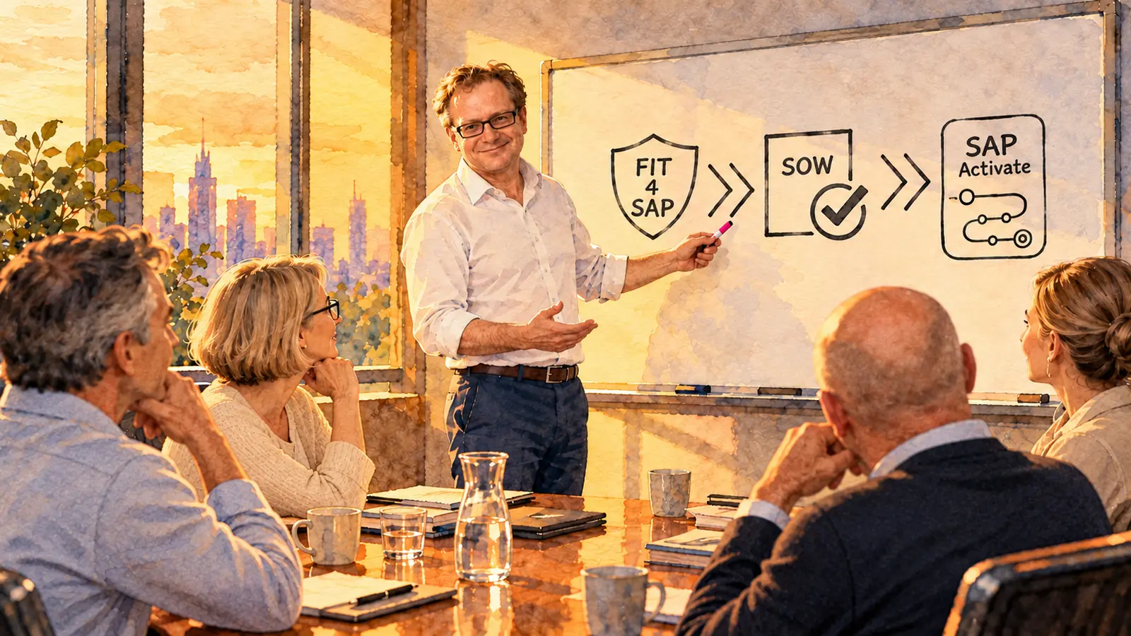 Watercolour of Isard Haasakker in glasses and an open-necked white shirt, sleeves rolled up, at a whiteboard in a boardroom in late golden light, pointing with a pink marker at a hand-drawn sequence: a FIT 4 SAP shield, then a Statement of Work (SOW) with a tick, then SAP Activate. Four managers in business casual listen around the table, mugs, water glasses and notebooks in front of them, a city skyline in the window.