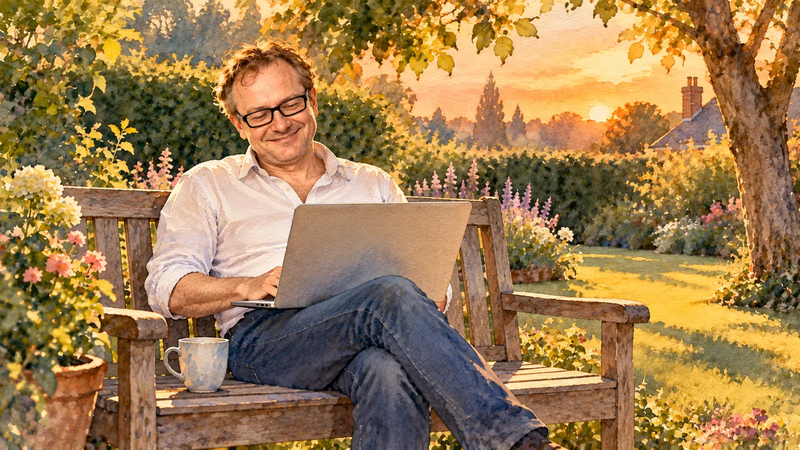 Watercolour of Isard Haasakker relaxing on a wooden bench in a green English garden on a summer evening, in a white shirt and jeans, grinning at a laptop on his lap whose screen faces away from the viewer, a mug of tea beside him.