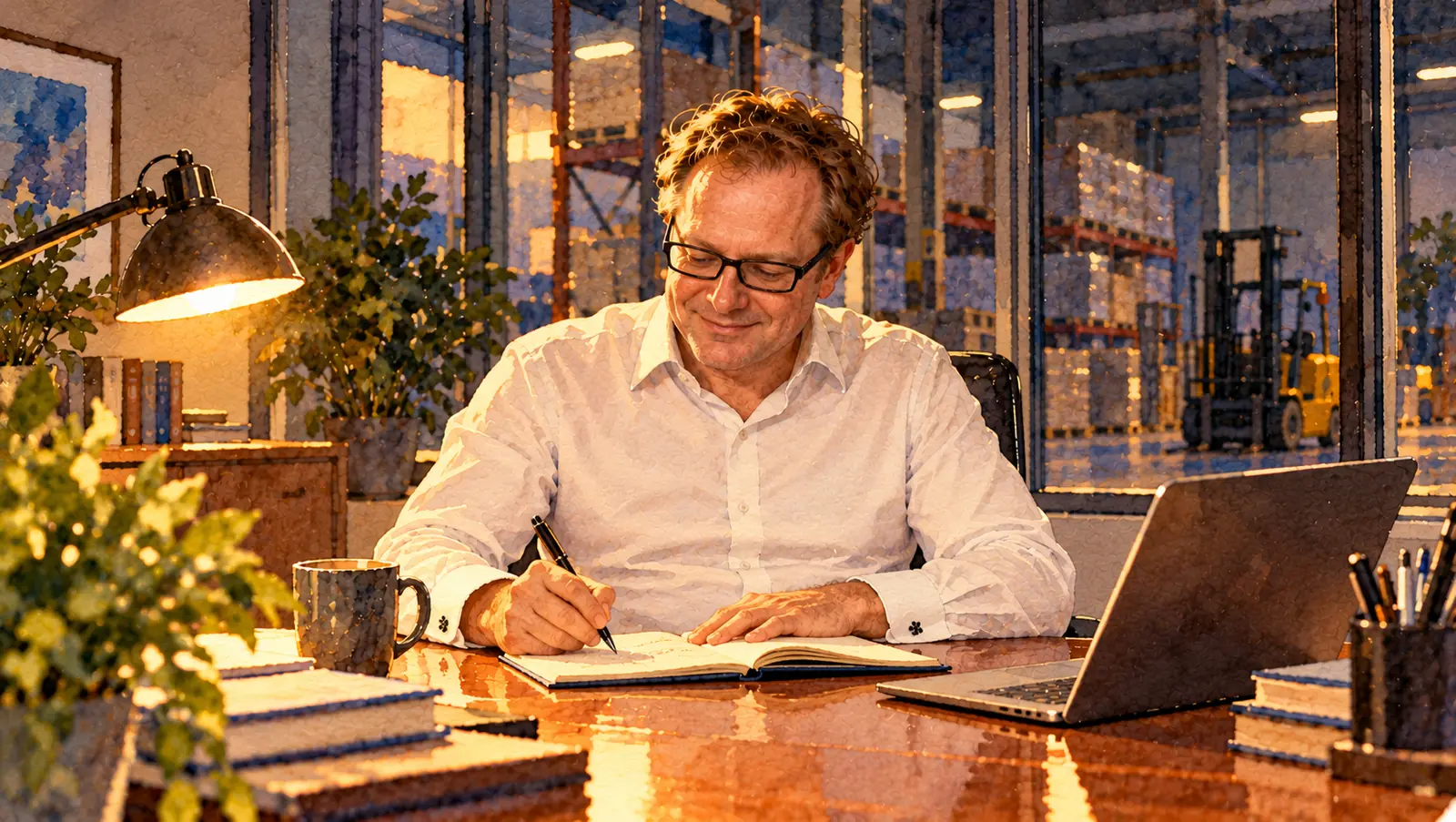 Watercolour of Isard Haasakker alone at a desk in the evening, writing in a notebook under a desk lamp beside his laptop. Through the glass wall behind him, a quiet warehouse with pallet racking and a parked forklift.