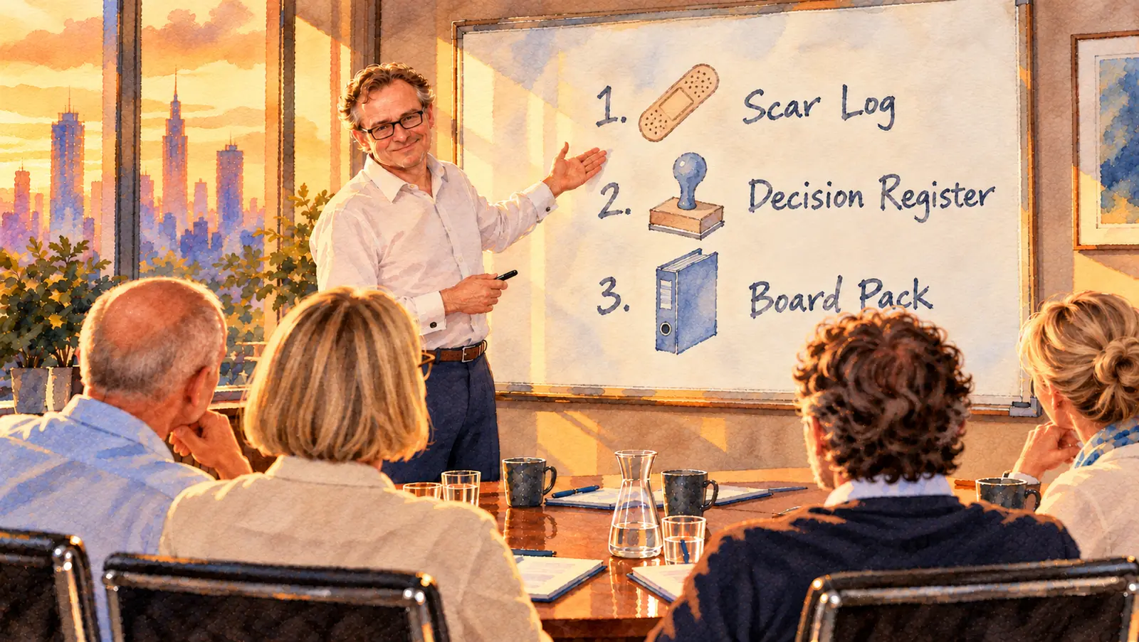 Watercolour of Isard Haasakker presenting in a boardroom at golden hour, seen from behind four managers in business casual. The slide on the whiteboard lists the three governance artefacts, each with an icon: 1. Scar Log (a plaster), 2. Decision Register (a rubber stamp), 3. Board Pack (a ring binder). A city skyline in the window.