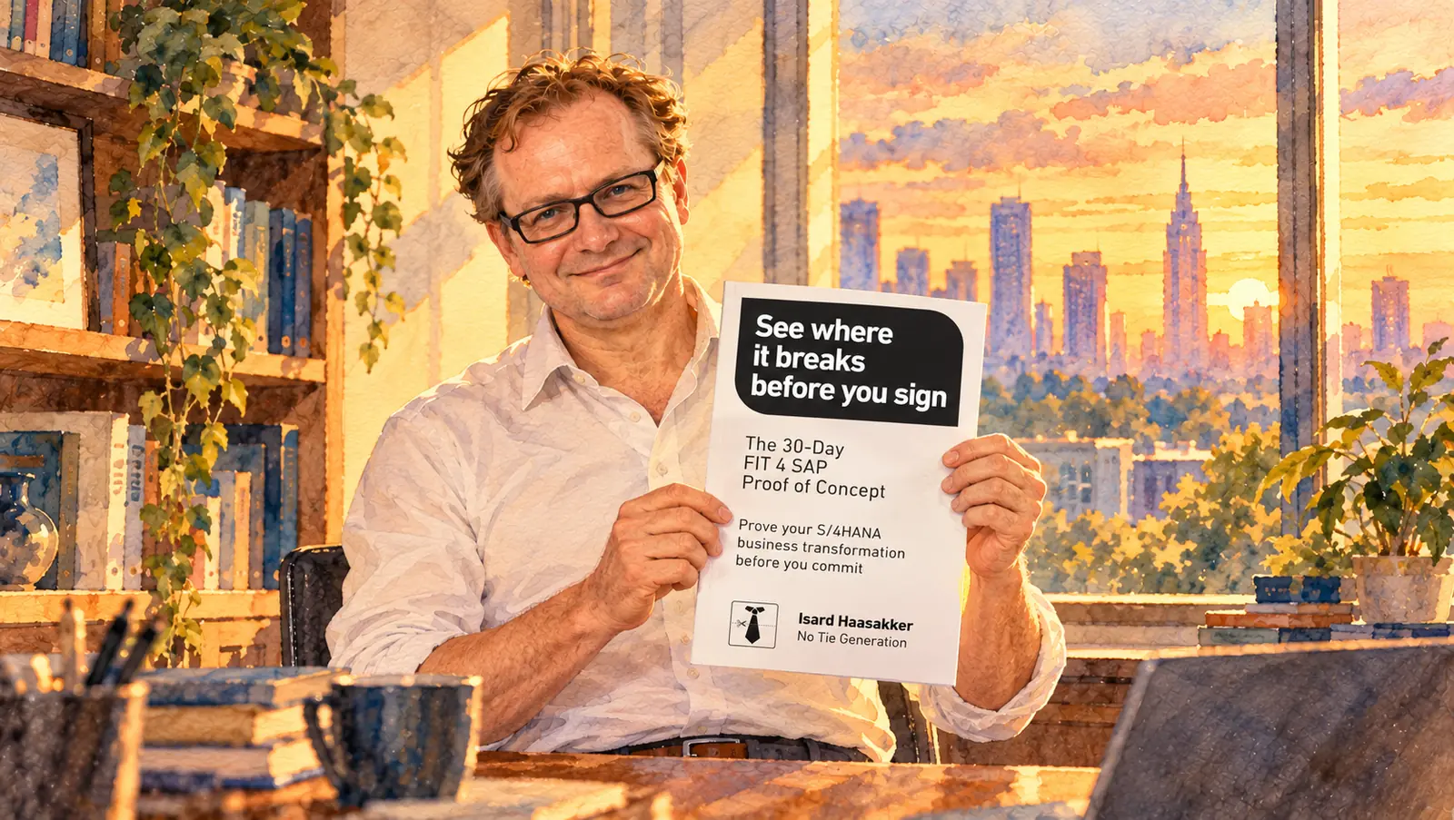 Watercolour of Isard Haasakker smiling at his desk in a book-lined office, holding up the printed FIT 4 SAP white paper towards the viewer. The cover reads: See where it breaks before you sign. The 30-Day FIT 4 SAP Proof of Concept. Prove your S/4HANA business transformation before you commit. Isard Haasakker, No Tie Generation. A city skyline at golden hour in the window.