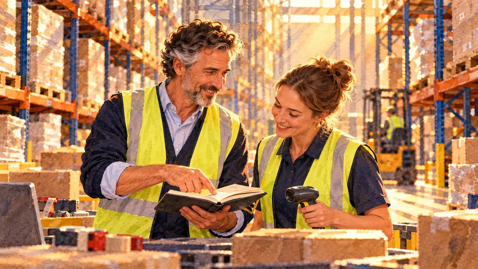 Watercolour of a manager with curly grey hair and a short beard, in a hi-vis vest, showing a page in a well-worn notebook to a warehouse operative holding a handheld scanner, both smiling, between tall pallet racks in warm light.