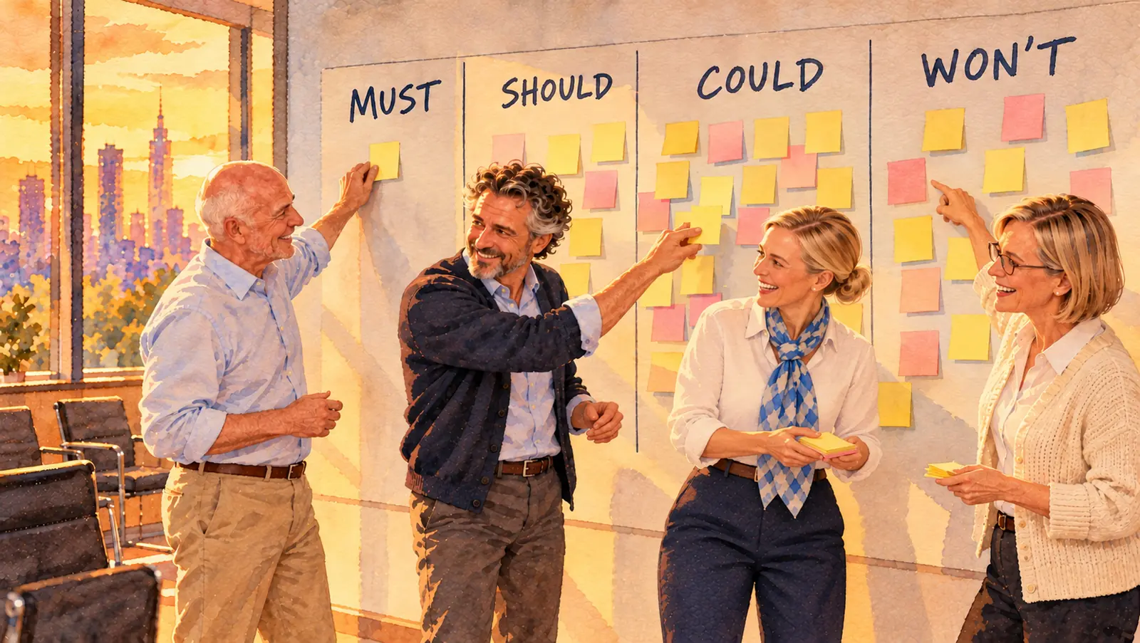 Watercolour of four managers in business casual laughing at a wall divided into four columns headed MUST, SHOULD, COULD and WON'T. The other three columns are crowded with yellow and pink sticky notes; a bald man presses the single note into the MUST column while a bearded colleague moves another note across.